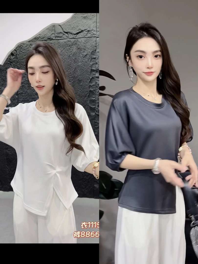 时尚气质短袖圆领修身型T恤休闲气质宽松百搭开叉纯色1115