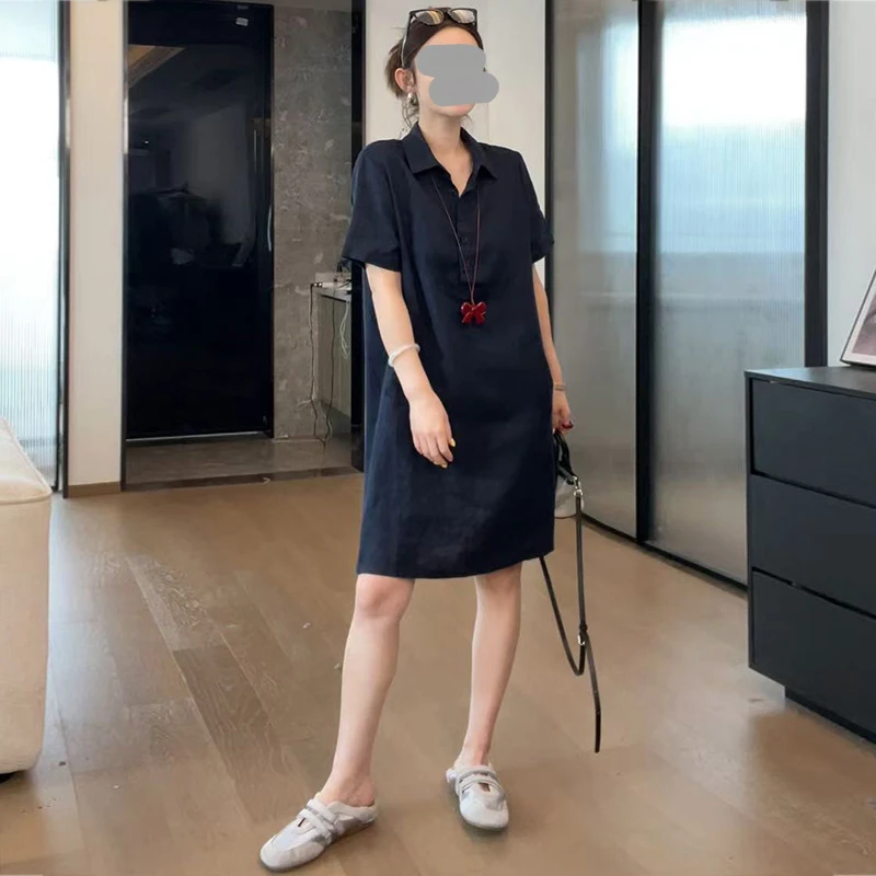 韩版气质感休闲连衣裙女夏季潮流时尚显瘦遮肉纯色翻领直筒T恤裙