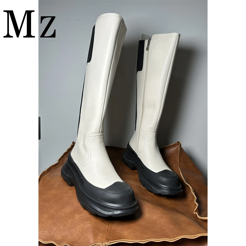 孤品捡漏/厚底侧拉链拼色黑白弹力时装靴