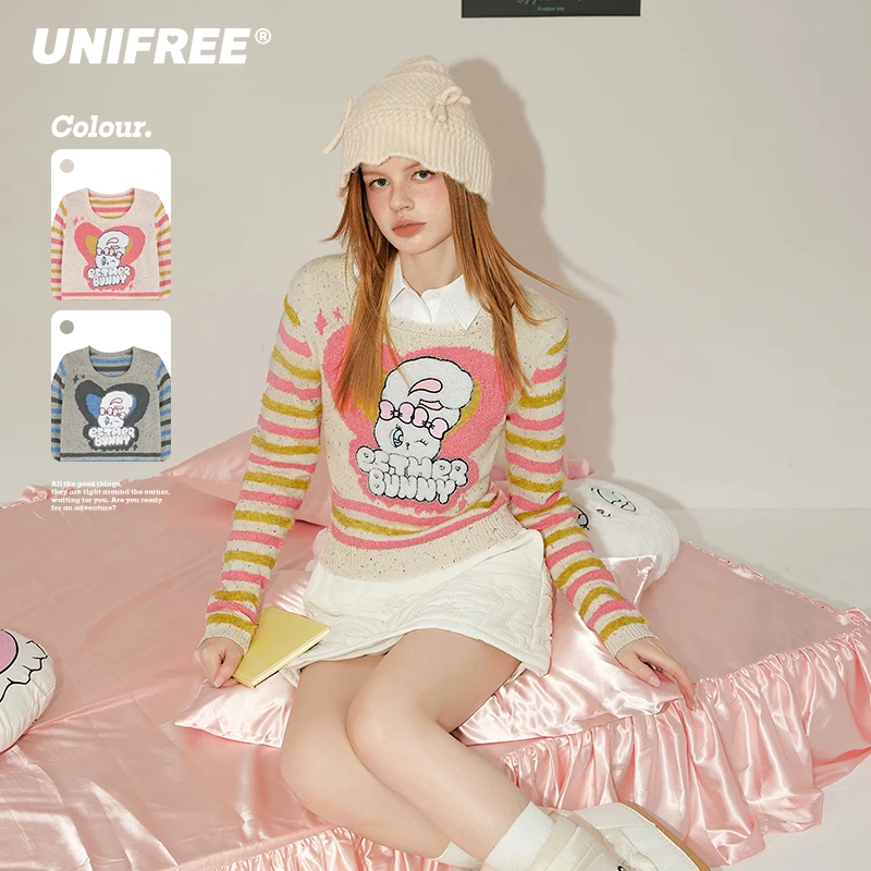 【25年春】条纹撞色针织衫女复古可爱上衣