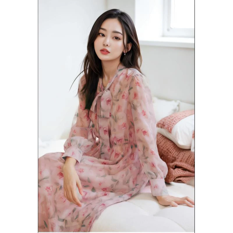 苏陌连衣裙碎花女松紧腰修身甜美圆领长袖显瘦长裙印花时尚裙子