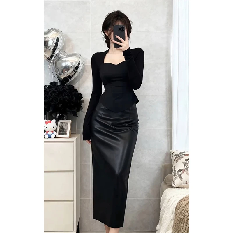 parkyeon秋冬季新款纯欲风方领鱼骨坎肩长袖上衣包臀半身裙套装