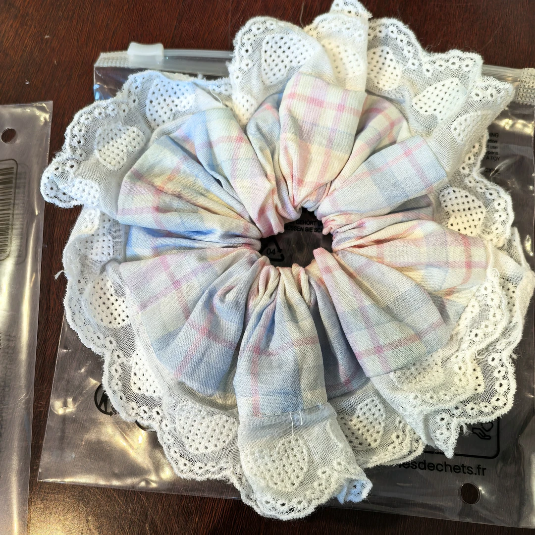 TT027 泡菜尾单肠圈粉蓝格纹爱心蕾丝花边肠圈｜淘贩