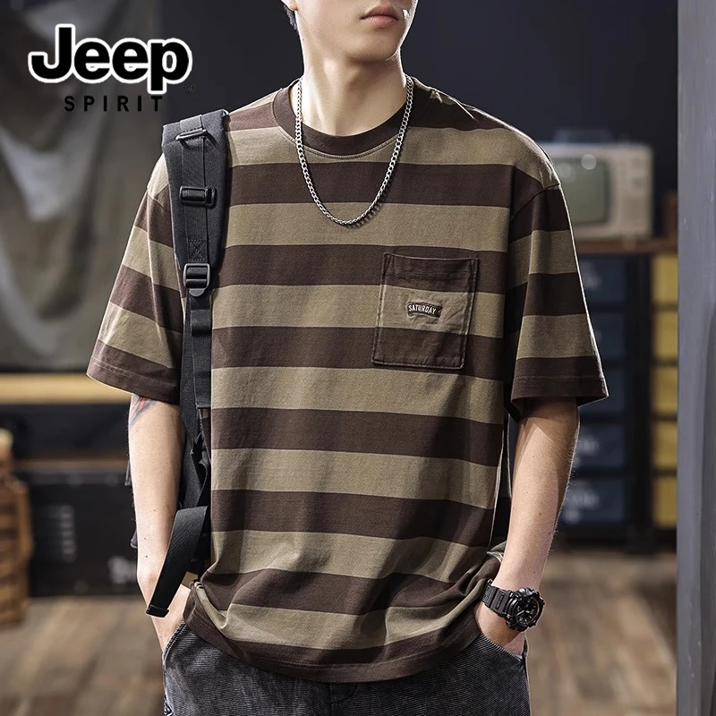 吉普潮牌美式条纹复古短袖T恤2025夏季潮流新款百搭半袖衫t恤男款