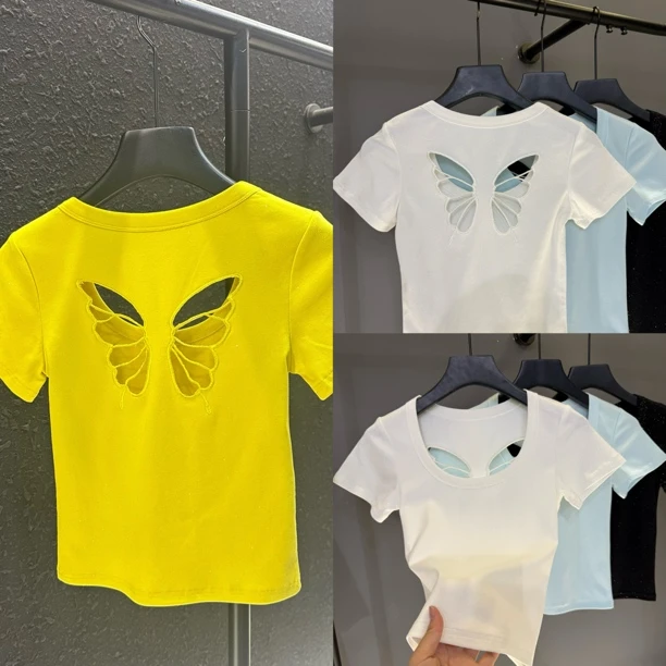 重工刺绣蝴蝶短袖T恤女夏季高级感短款高腰显瘦辣妹上衣168#