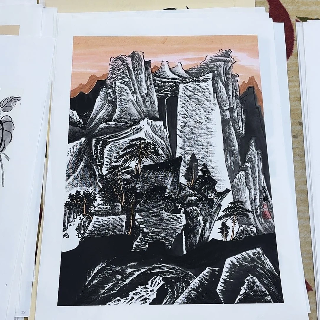 国画四尺三开手绘作品