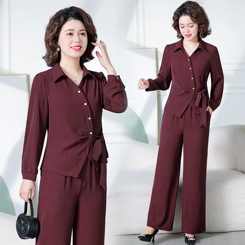 时尚妈妈秋装2025新款套装中年女装秋季缎面长袖衬衫阔腿裤两件套