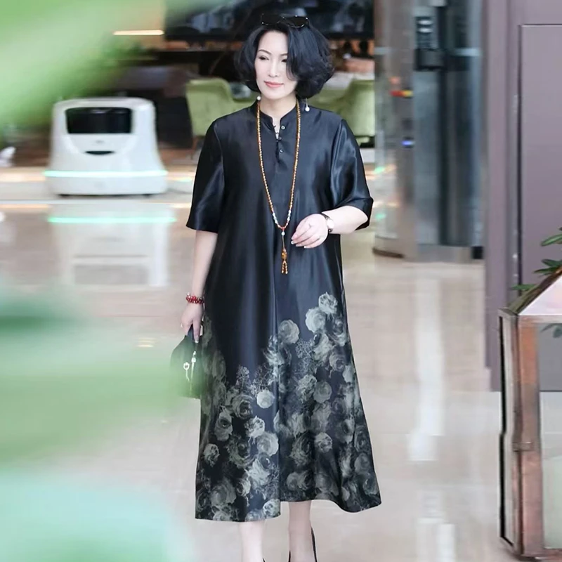 高品质大码连衣裙夏季新款宽松遮肚显瘦中长裙洋气妈妈气质长裙子