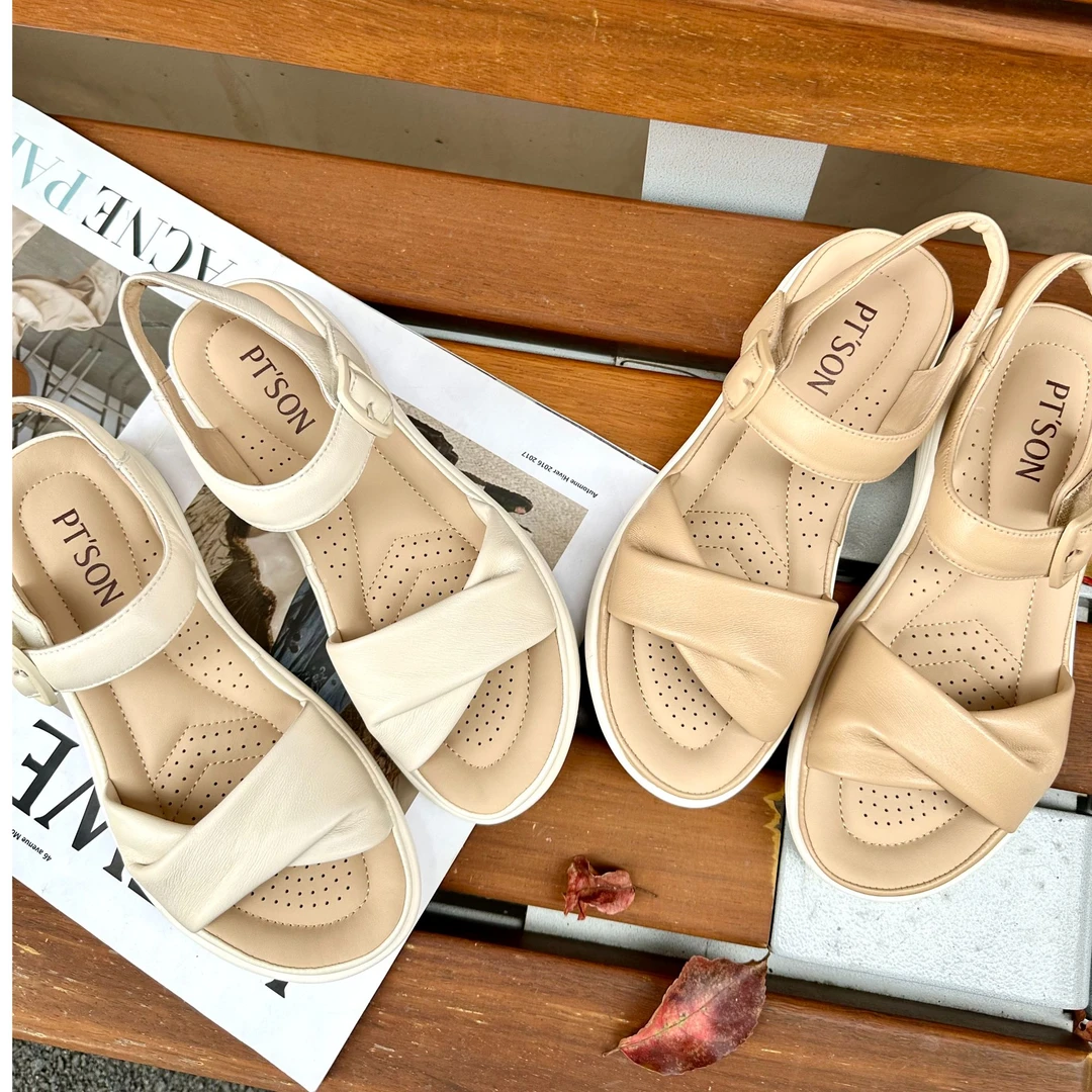 百田森羊皮休闲凉鞋女夏季新厚底增高慵懒风舒适魔术贴凉鞋透气