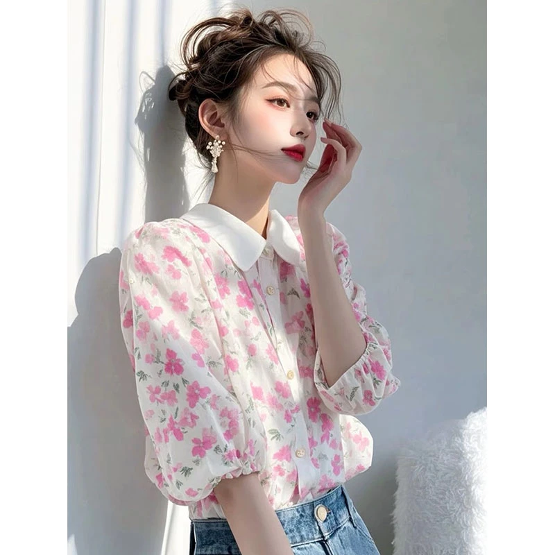 粉色小清新碎花衬衫女洋气漂亮小衫减龄泡泡袖上衣服2025夏季新款