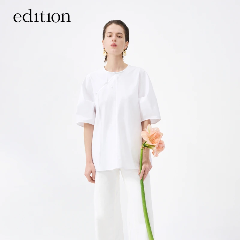 edition夏款新中式复古泡泡袖衬衫女棉衬衣#EBD2TOPT12
