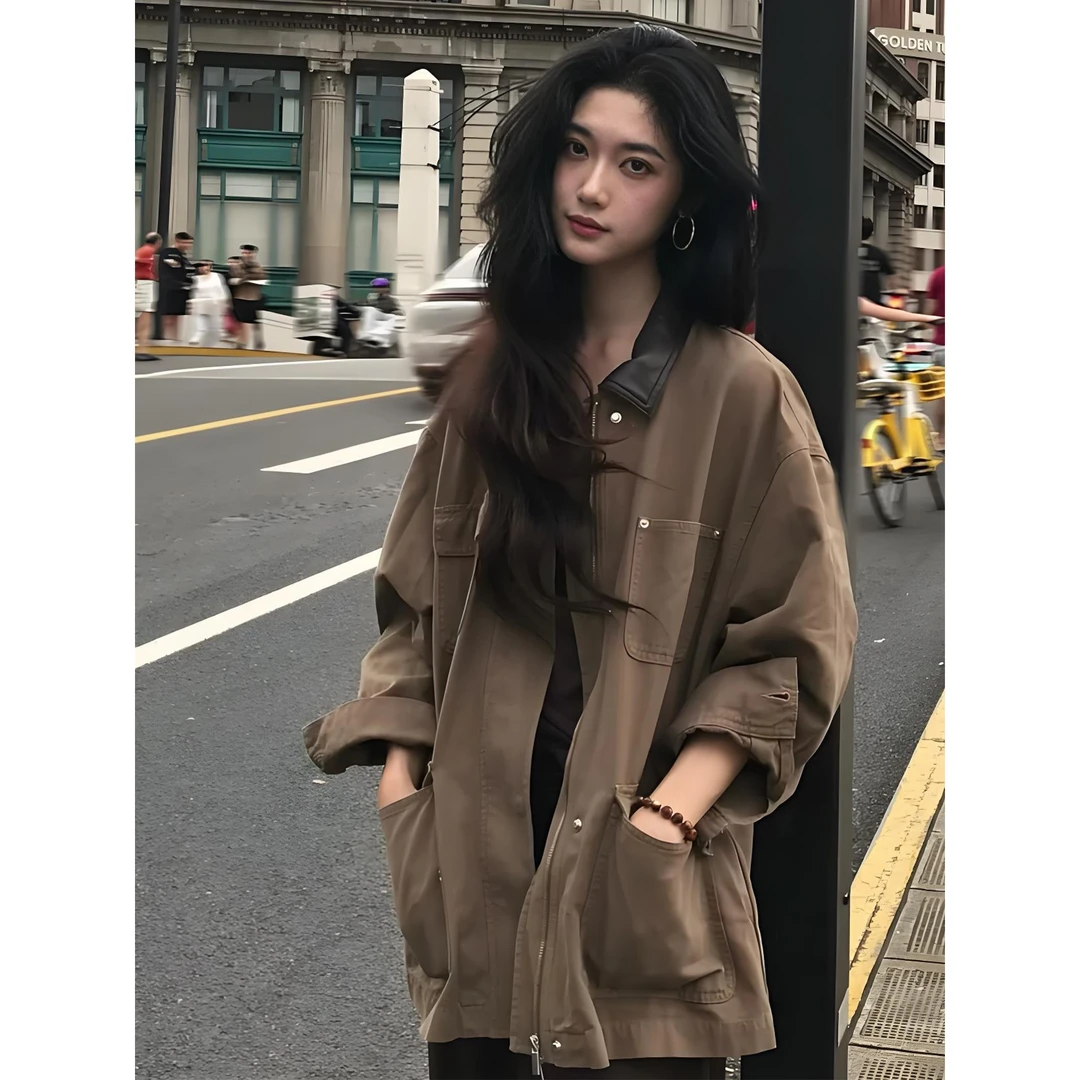 2025秋季新款韩系chic美拉德穿搭设计感小众宽松深棕色外套上衣女