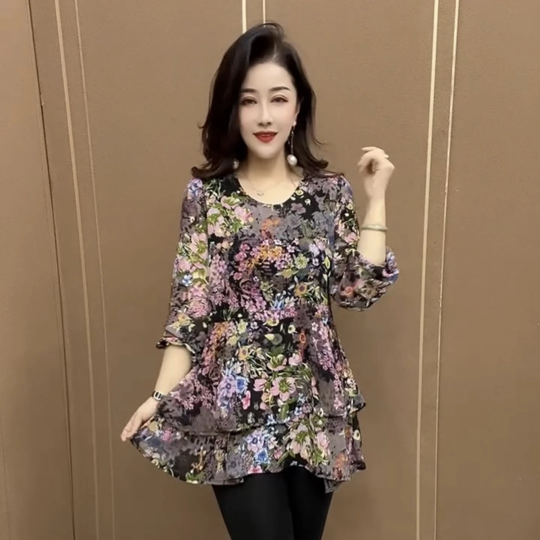 时尚花色腰围可调雪纺大版衫2025春夏季新款宽松显瘦中长款连衣裙