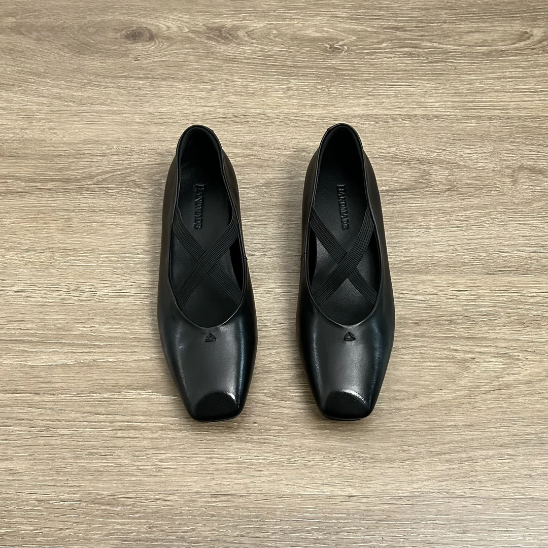 Dannyfrey头层水洗牛皮复古方头女新款交叉带内增高芭蕾鞋3.5CM