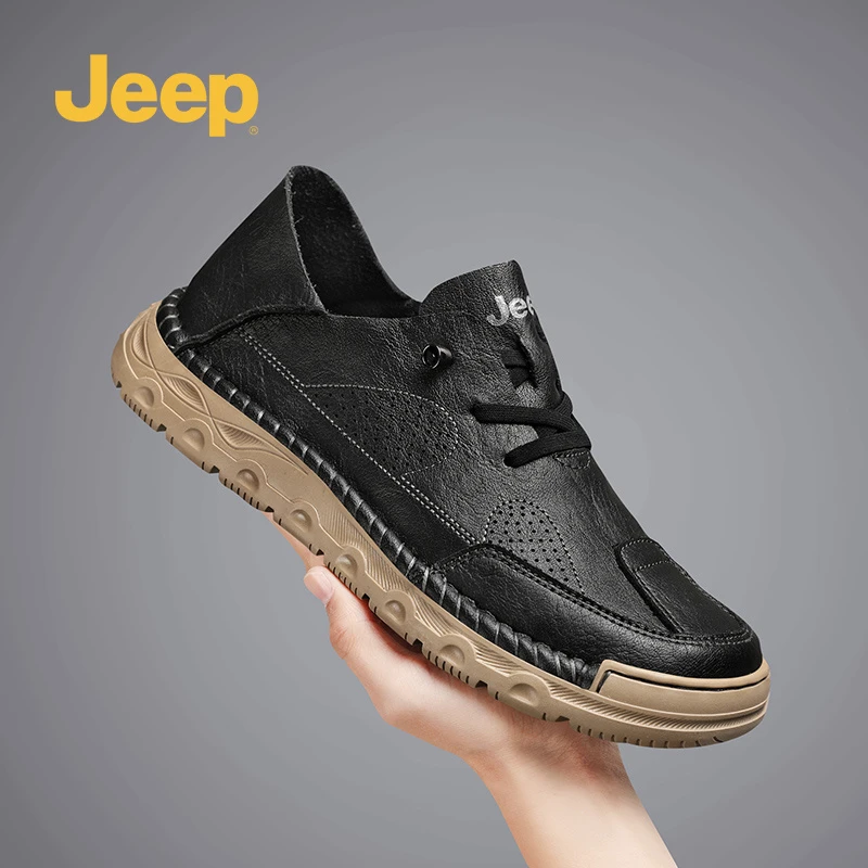 Jeep吉普男款真皮休闲鞋2025冬季新款皮面透气软底防滑一脚蹬板鞋