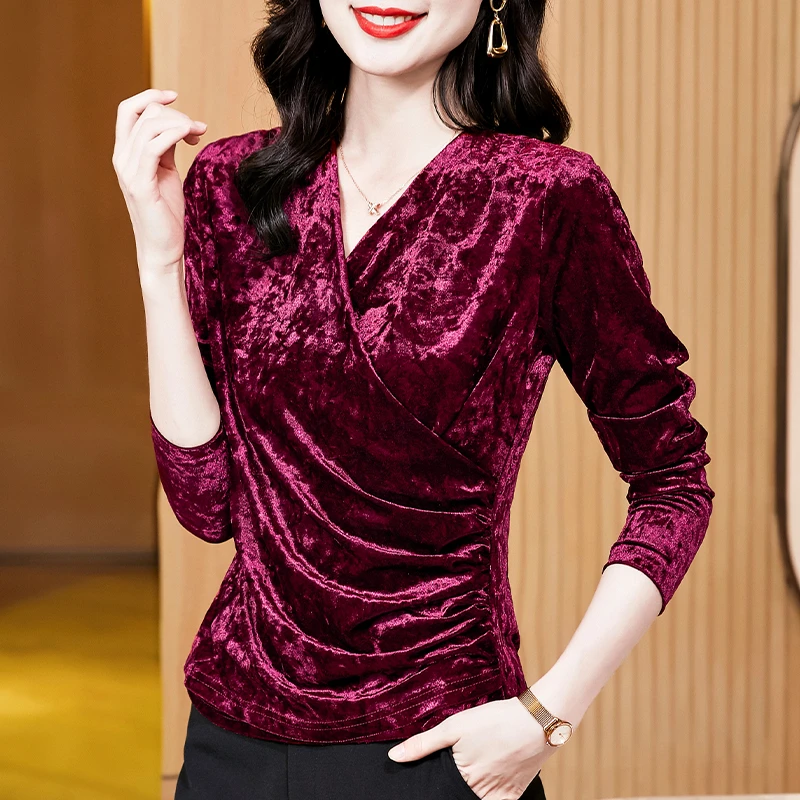 金丝绒V领打底衫女内搭秋季2025新款交叉抽褶小衫高端长袖T恤上衣