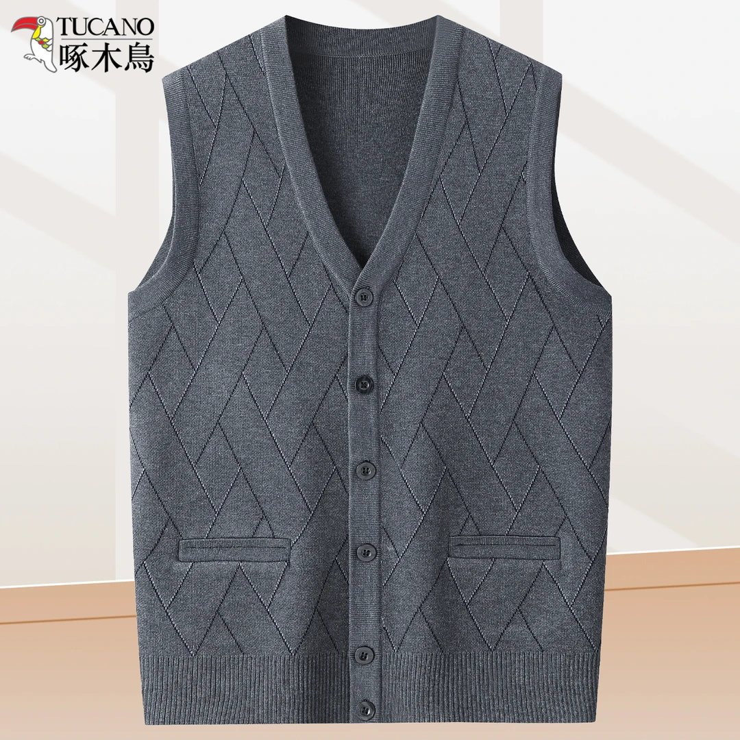 啄木鸟爸爸装保暖针织马甲中老年人男士爷爷开衫背心毛衣春秋冬款