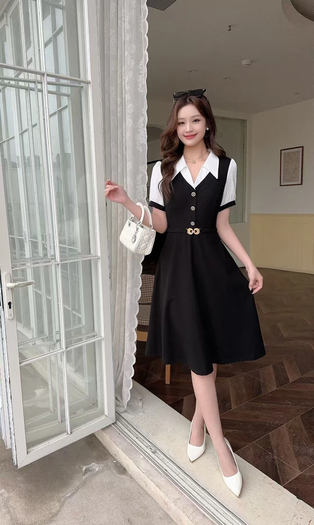 高级气质撞色法式收腰修身假两件连衣裙夏季小黑裙