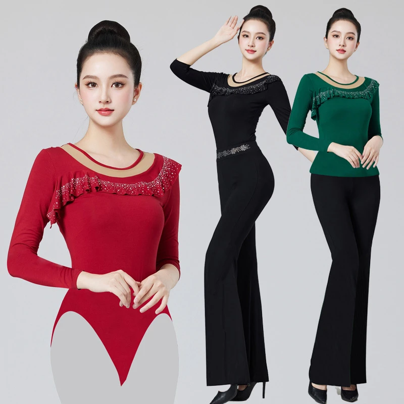 镶钻形体舞蹈练功服新款女莫代尔连体上衣喇叭裤导师走秀高级感