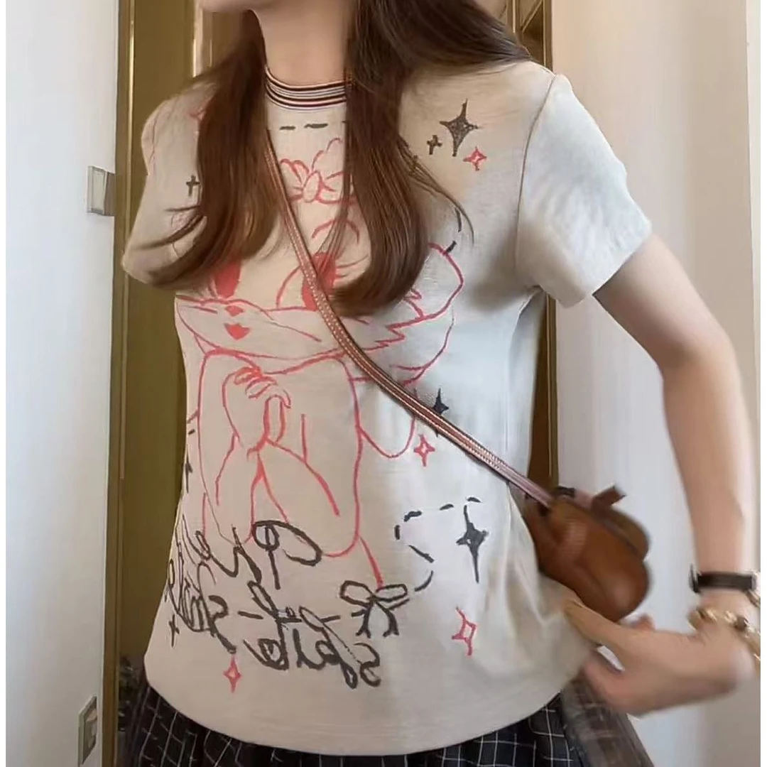 【公主猫咪】2025夏季显瘦潮流夏季时尚设计款卡通猫咪印花短袖