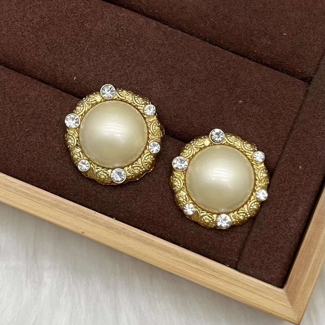 合金仿珍珠耳饰 花笙（HS239）白色耳钉复古女镶钻简约金色