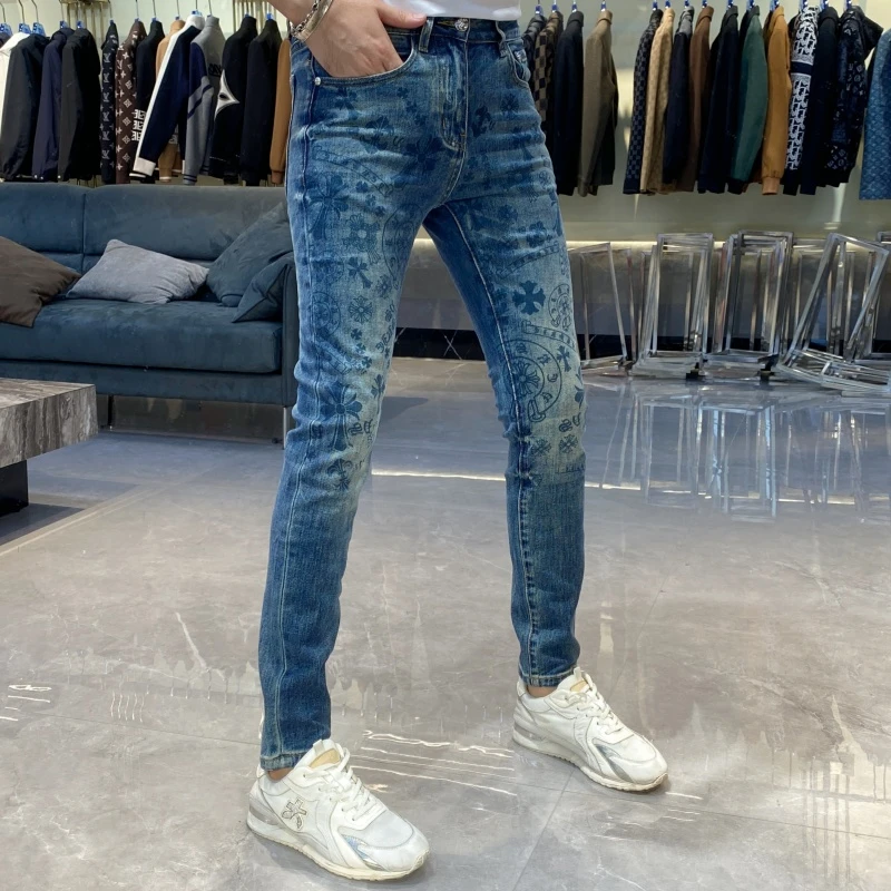 【也许家】新品男士欧货修身弹力小脚牛仔裤印花时尚长裤BB76105