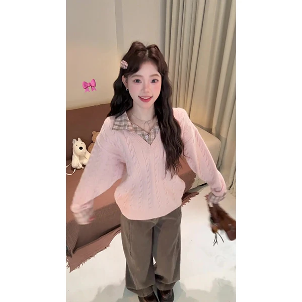 假两件格子拼接polo领长袖针织衫女2025秋冬新款甜美毛衣裤子套装