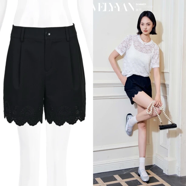 【俪妍】新款黑色蕾丝边短裤