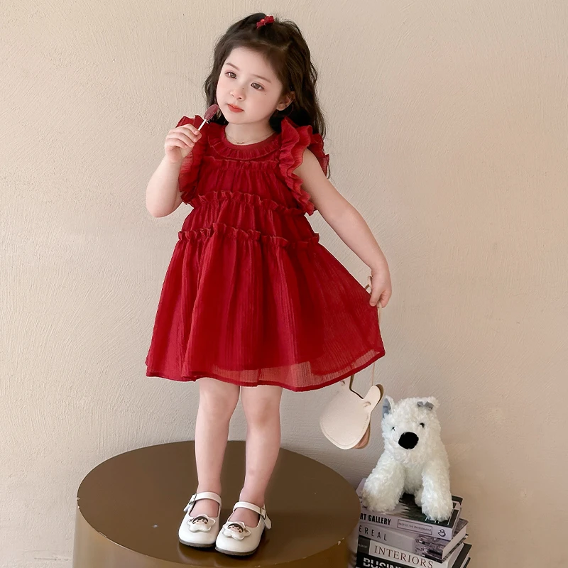 女童洋气薄款夏季红色无袖连衣裙宝宝2025新款公主裙子夏装小香风