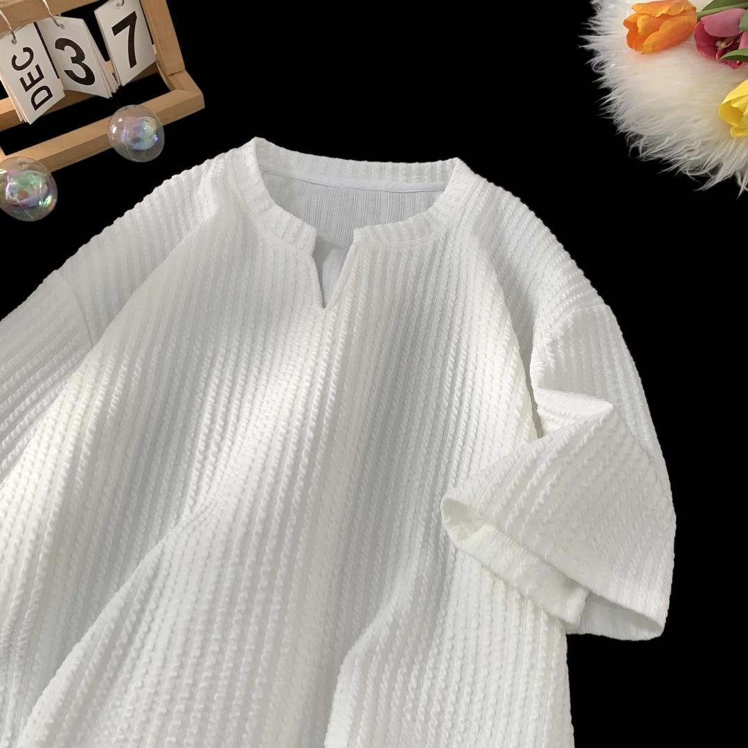 白色V领短袖T恤男夏季肌理感宽松半袖体恤美式潮牌重磅青少年上衣