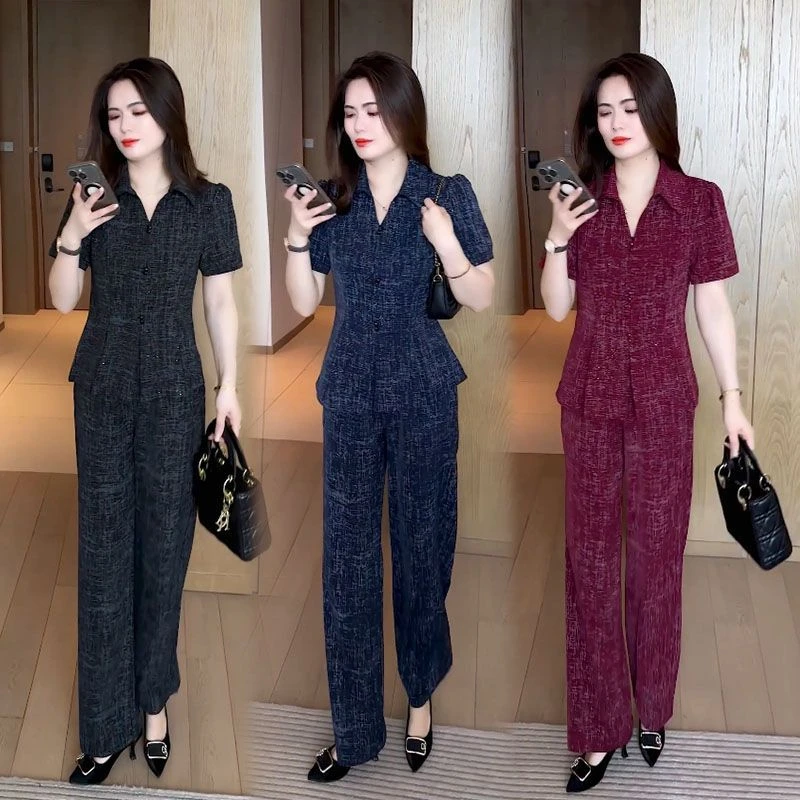 高腰时尚套装女2025夏季新款时髦洋气V领短袖上衣阔腿裤两件套潮