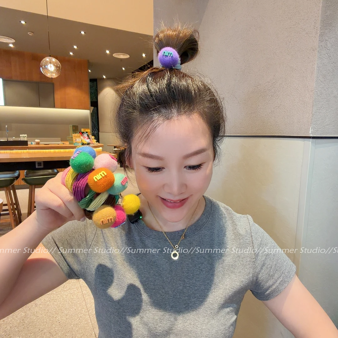 韩范丸子头~毛绒圆球字母发绳 高弹力无接缝发绳卫衣头绳马尾发圈