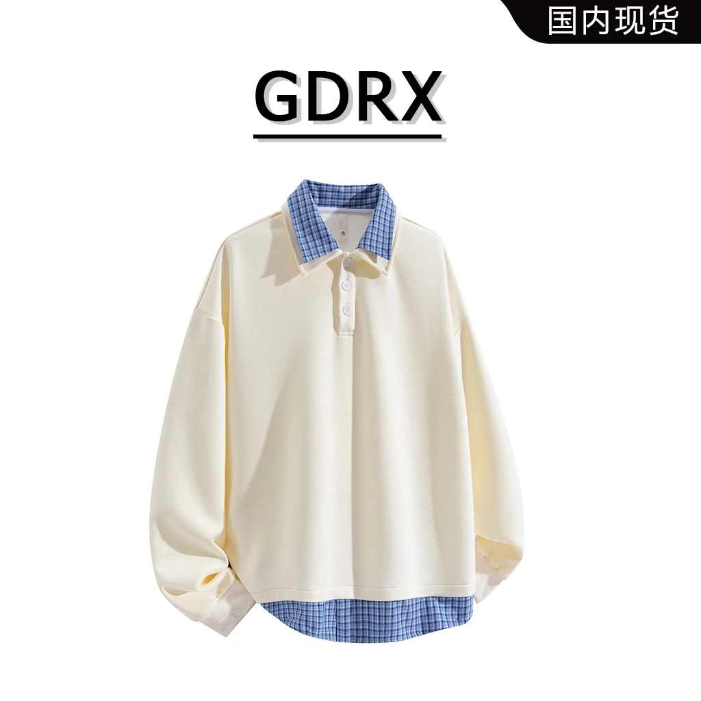 GDRX美式休闲长袖卫衣男秋季新款假两件格纹拼接高级感男装上衣