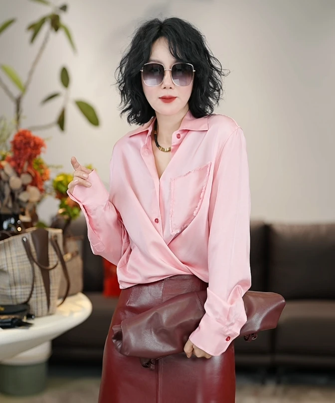 时尚百搭休闲樱花粉设计师款衬衫/S087