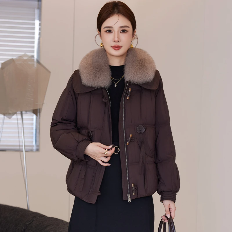 鹅绒服可拆卸狐狸毛领2025海宁皮草羽绒服短款外套冬女装加厚保暖