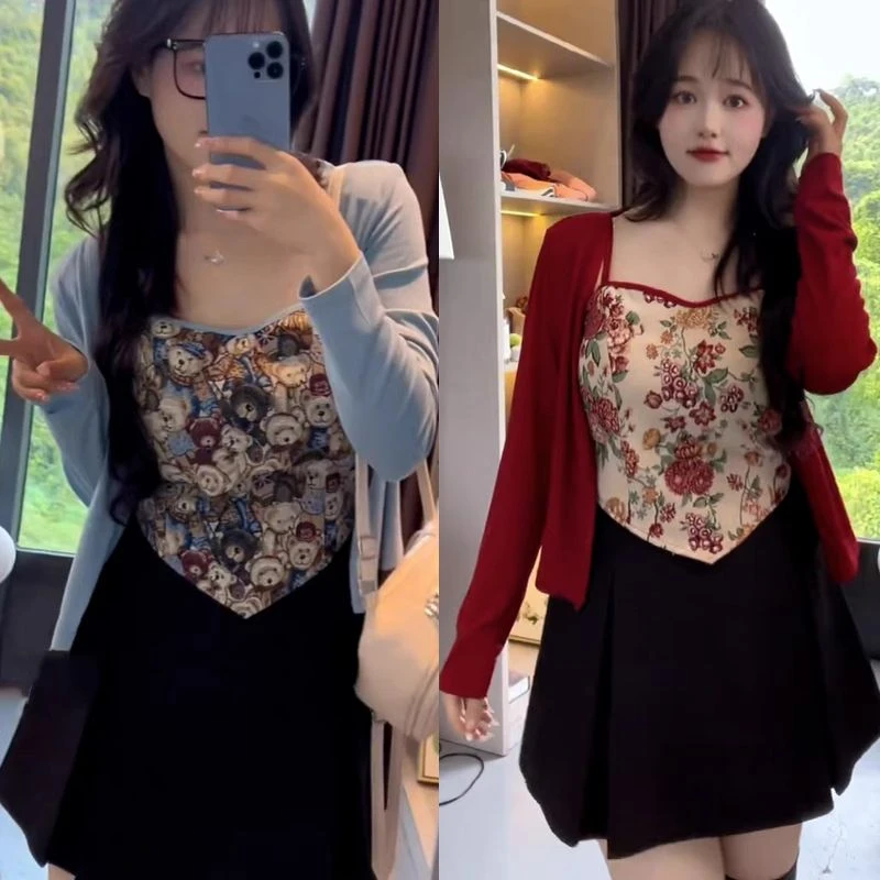 复古辣妹大码三件套修身短裙吊带外套中国风春秋聚酯纤维法式字