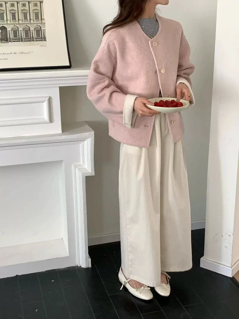 小个子洋气毛呢短款外套春季新款小香风圆领长袖通勤时尚呢子上衣