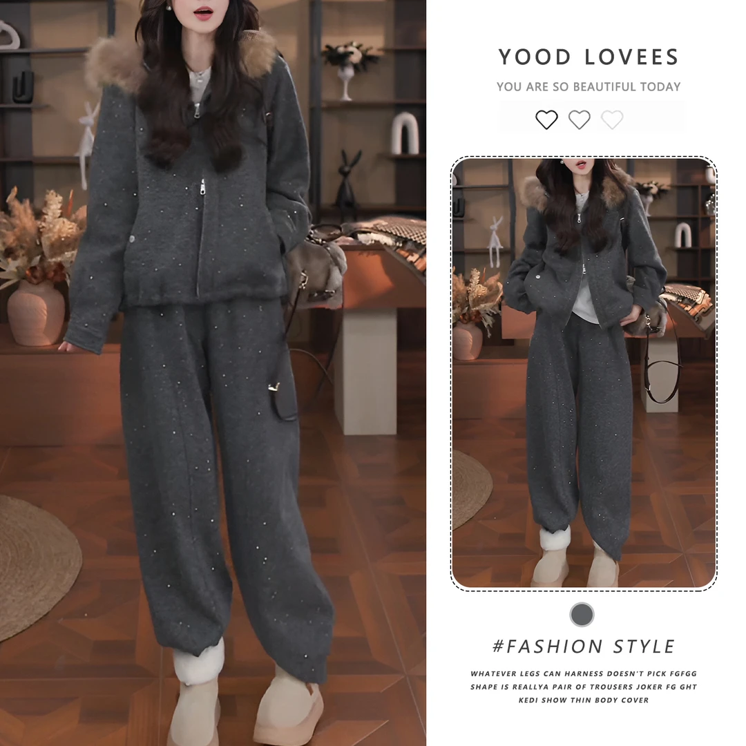 设计感氛围感细闪毛领连帽外套女2025冬季新款巨好看直筒裤两件套