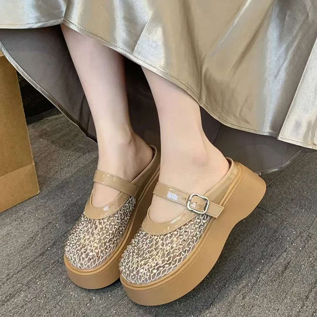 A-996厚底网面镂空包头拖鞋女2025新款轻便增高半托凉鞋