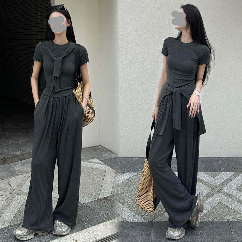 韩版通勤运动套装女2025夏季新款正肩短袖t恤披肩阔腿裤子三件套