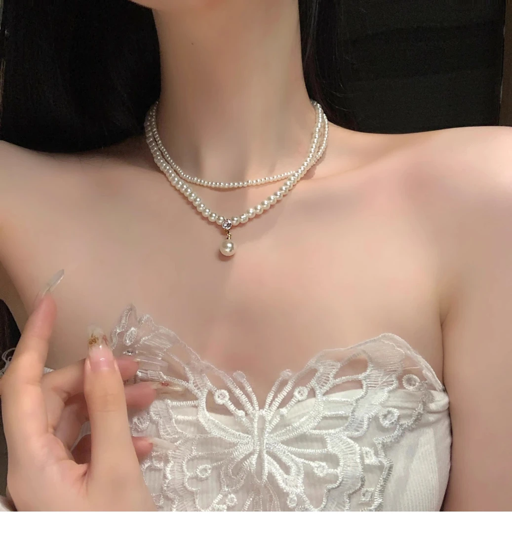 铜合金项链 法式复古珍珠双层项链女款仙女配饰高级感轻奢锁骨链