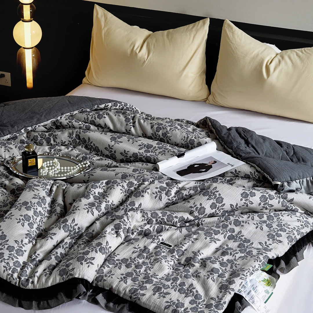 【法式全棉皱皱纱被】法式提花双人被花边款可机洗秋冬纱布棉春秋被