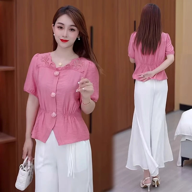 短袖雪纺衫女2025夏季新款设计感镂空收腰显瘦上衣洋气质漂亮小衫