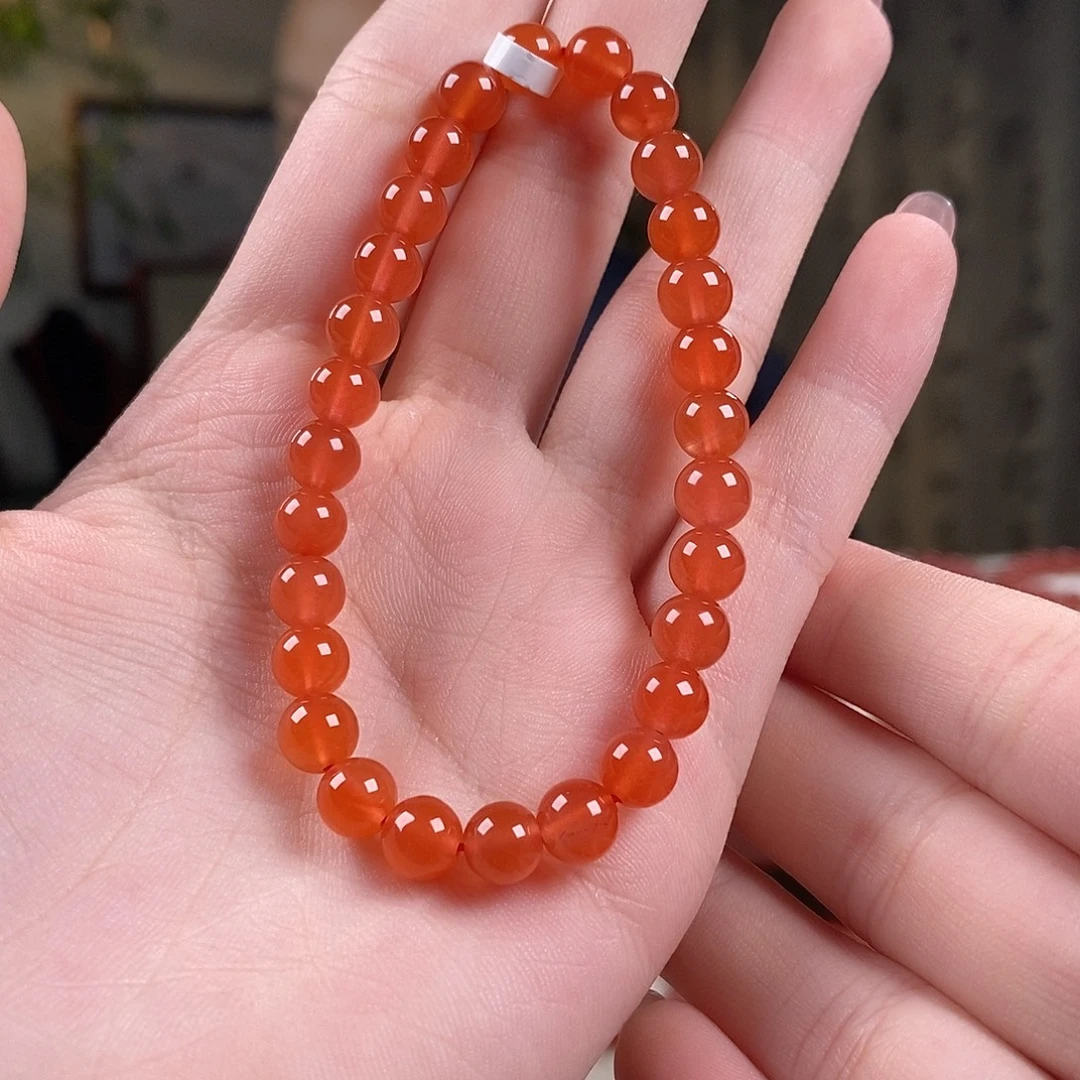 南红玛瑙未镶嵌手串原矿6.8mm冰红芬达色