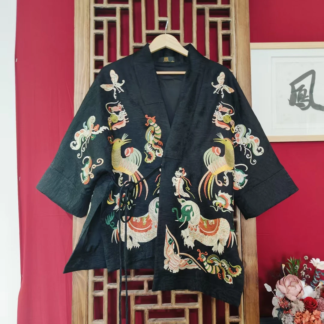 （LS256-5）凤徕兮私人定制黑色福禄底黄色图腾刺绣斜襟系绳上衣