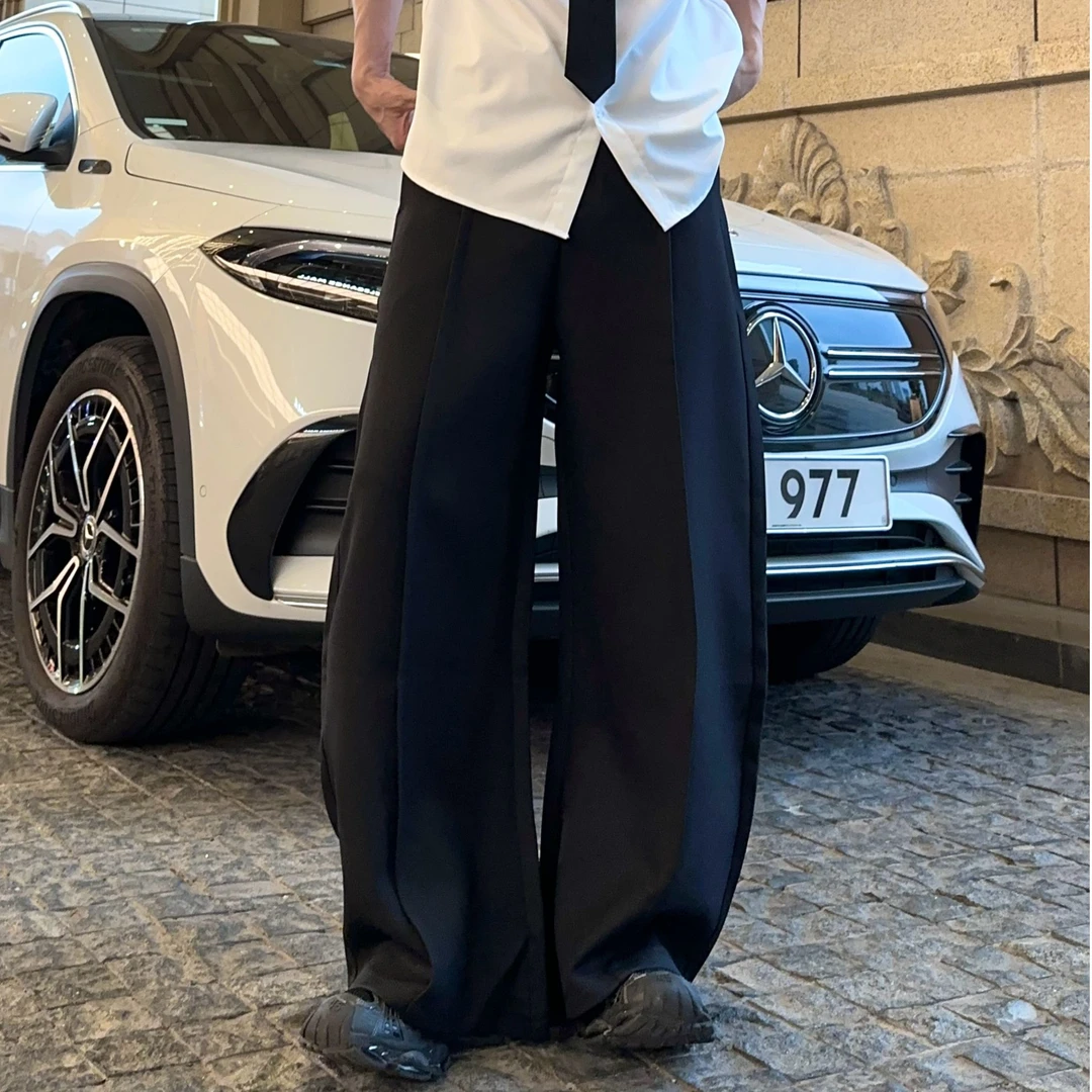 简约重磅设计感弯刀裤压褶西装裤长裤拖地阔腿百搭宽松男纯色宽松