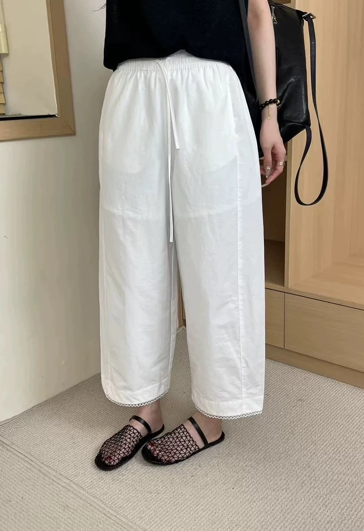 韩系显瘦花边速干极简风休闲裤096