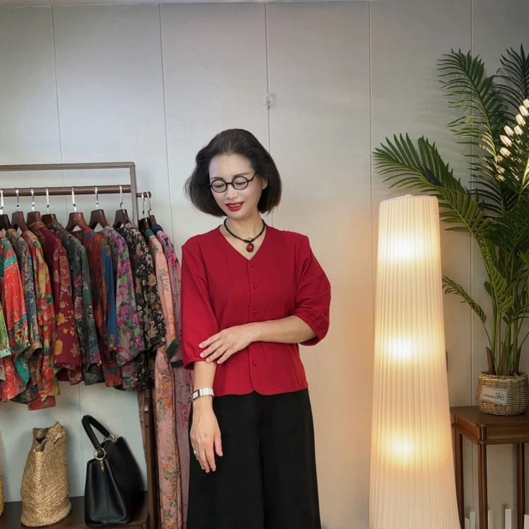 提花棉开襟分袖夏季百搭V领休闲单件上衣时尚优雅妈妈装2530-2