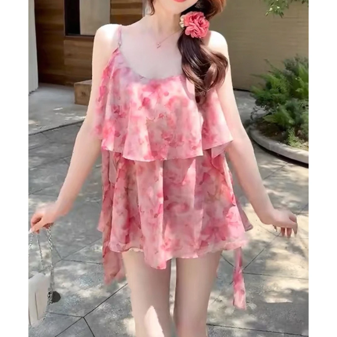 浩哥纯欲度假风荷叶边碎花吊带背心女2025新款夏季法式高级感上衣