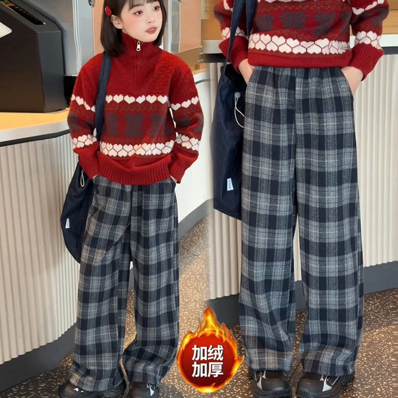 女童秋冬加绒格子裤中大童新年红色毛衣韩版直筒裤百搭加厚休闲裤